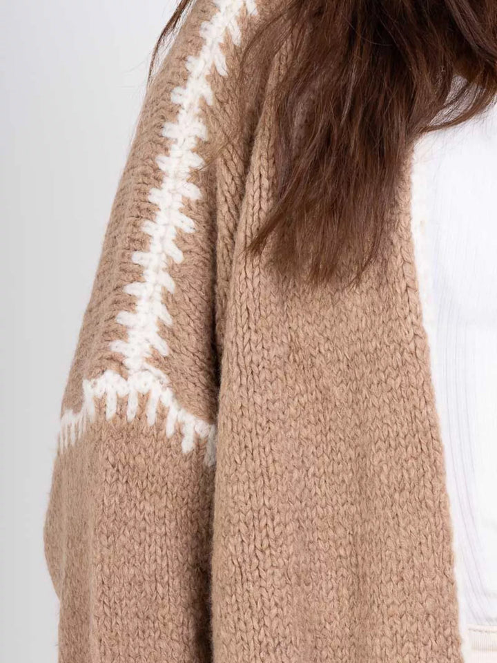 Contrast whipstitch trim open front knit cardigan