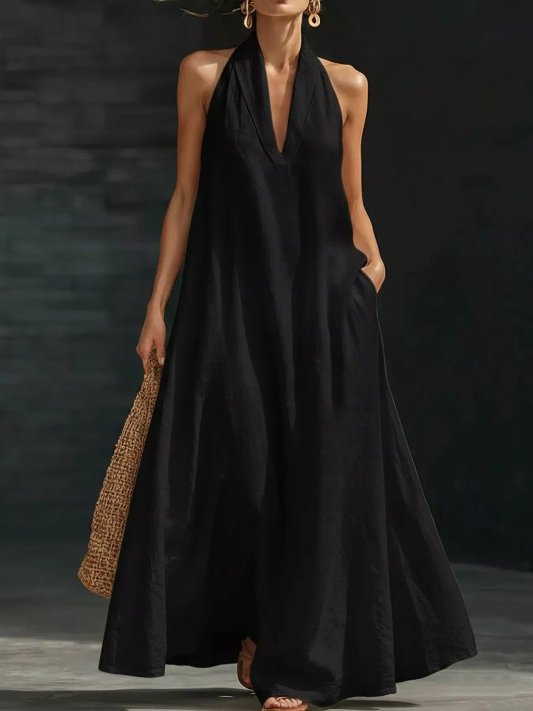 Black Halter neck flowy maxi dress with side pockets