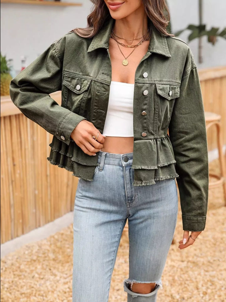 Army Green Tiered ruffle raw-hem cropped denim jacket
