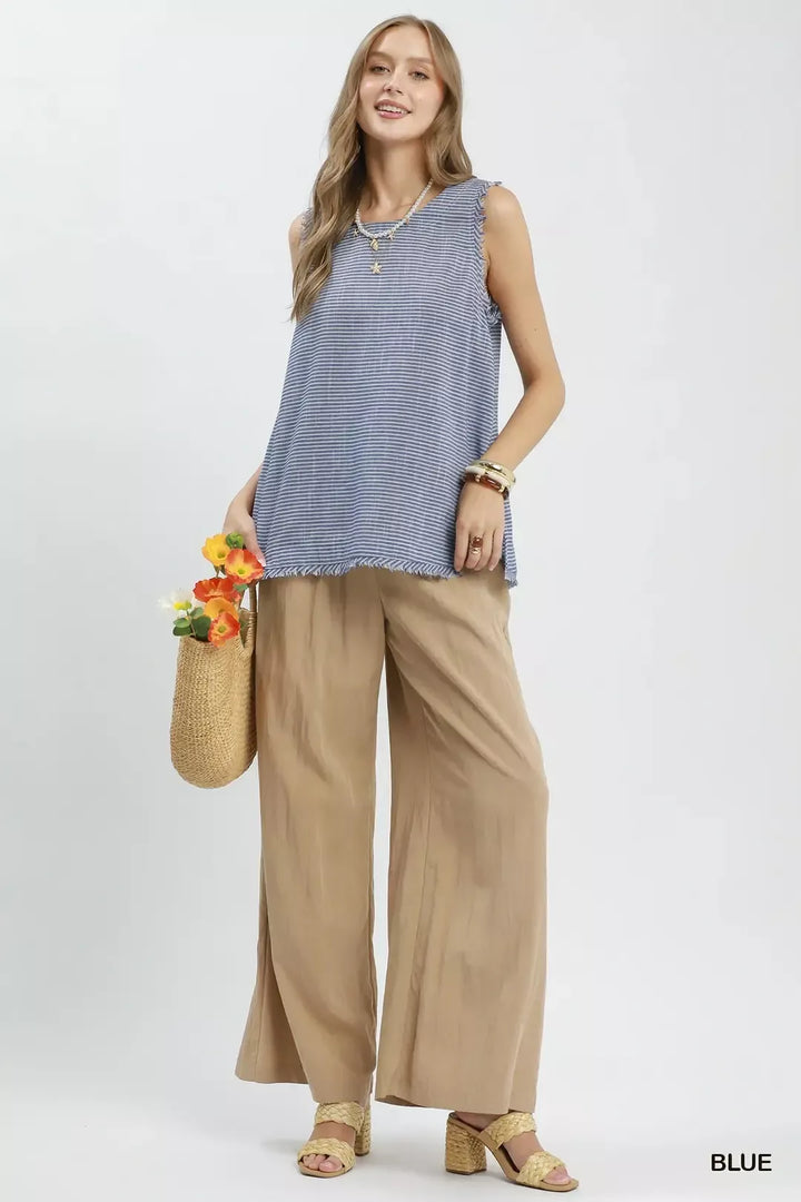 Striped linen-cotton sleeveless top with fringe trim