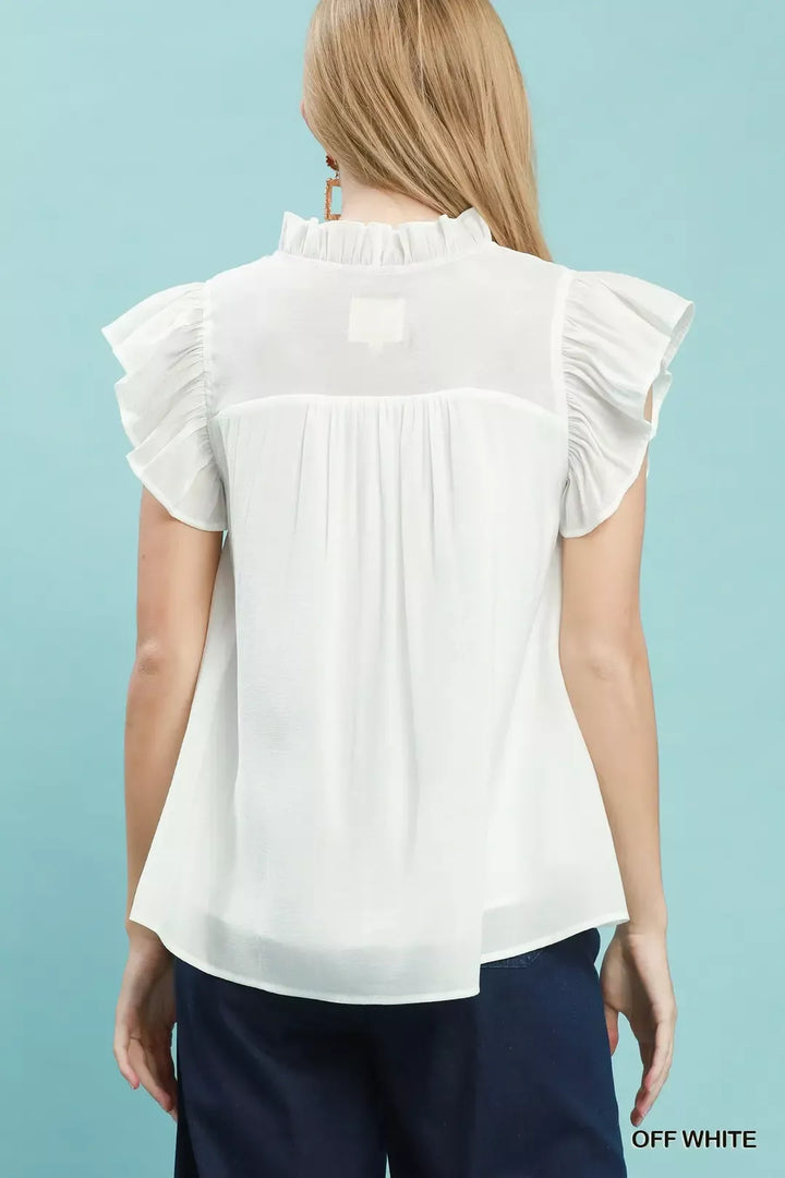 Smocked yoke button-front blouse with ruffle cap sleeves