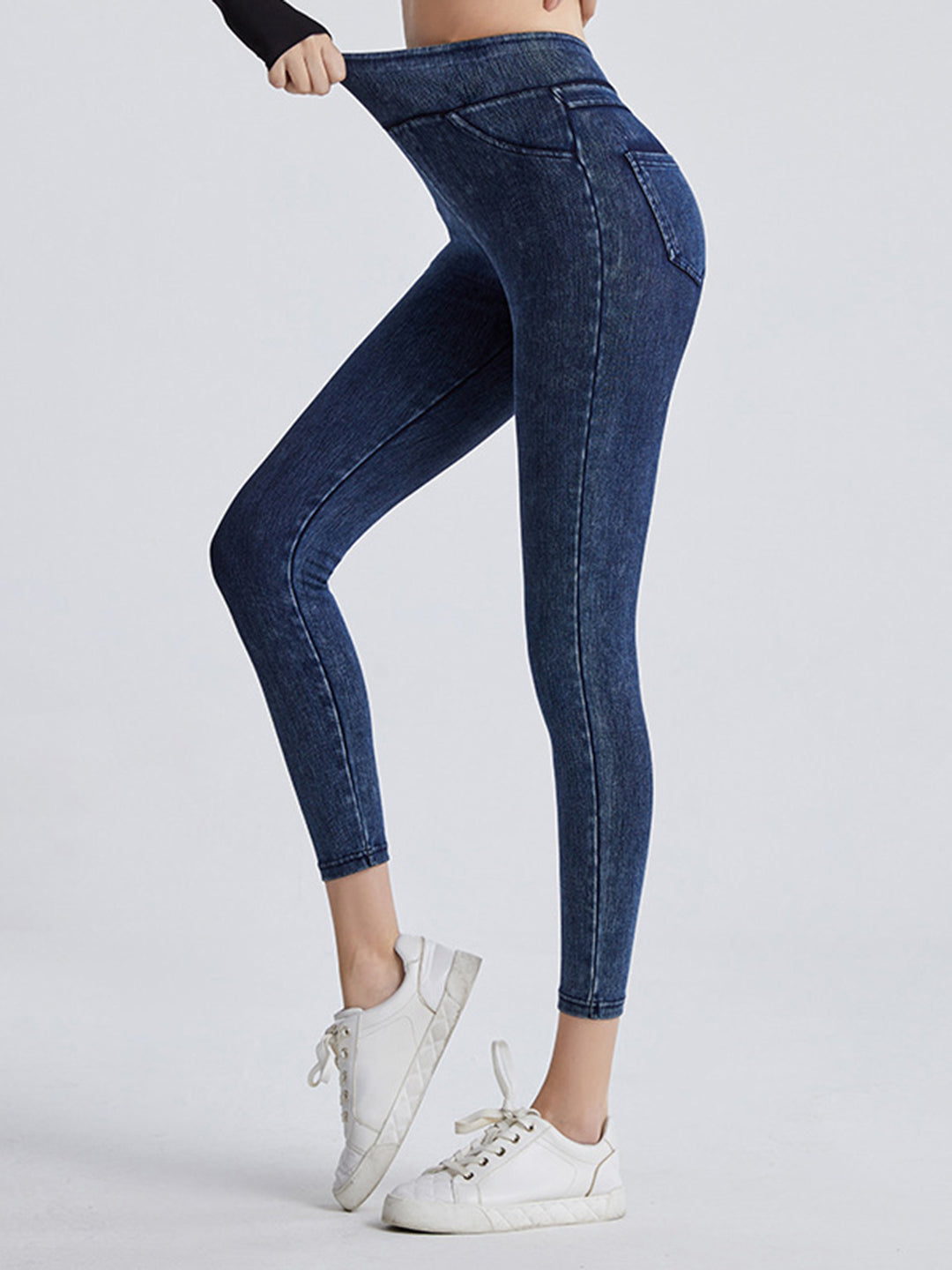 High-waist denim-look sports leggings with faux pockets