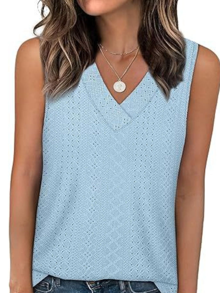 Light Blue Eyelet V-neck sleeveless tank with diamond texture