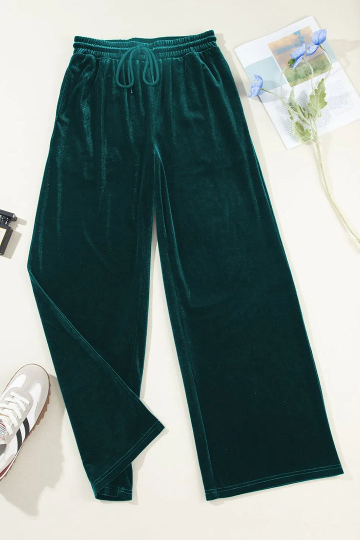 Velvet wide-leg drawstring pants with side pockets