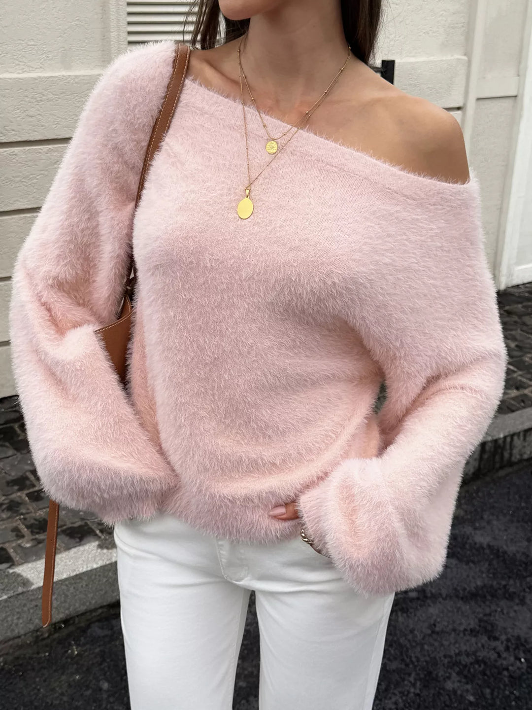 Pink Fuzzy eyelash knit boat neck sweater with drop shoulders