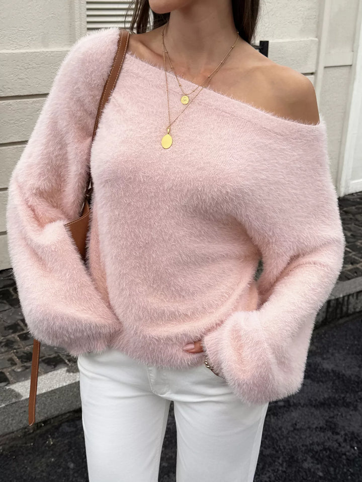 Pink Fuzzy eyelash knit boat neck sweater with drop shoulders