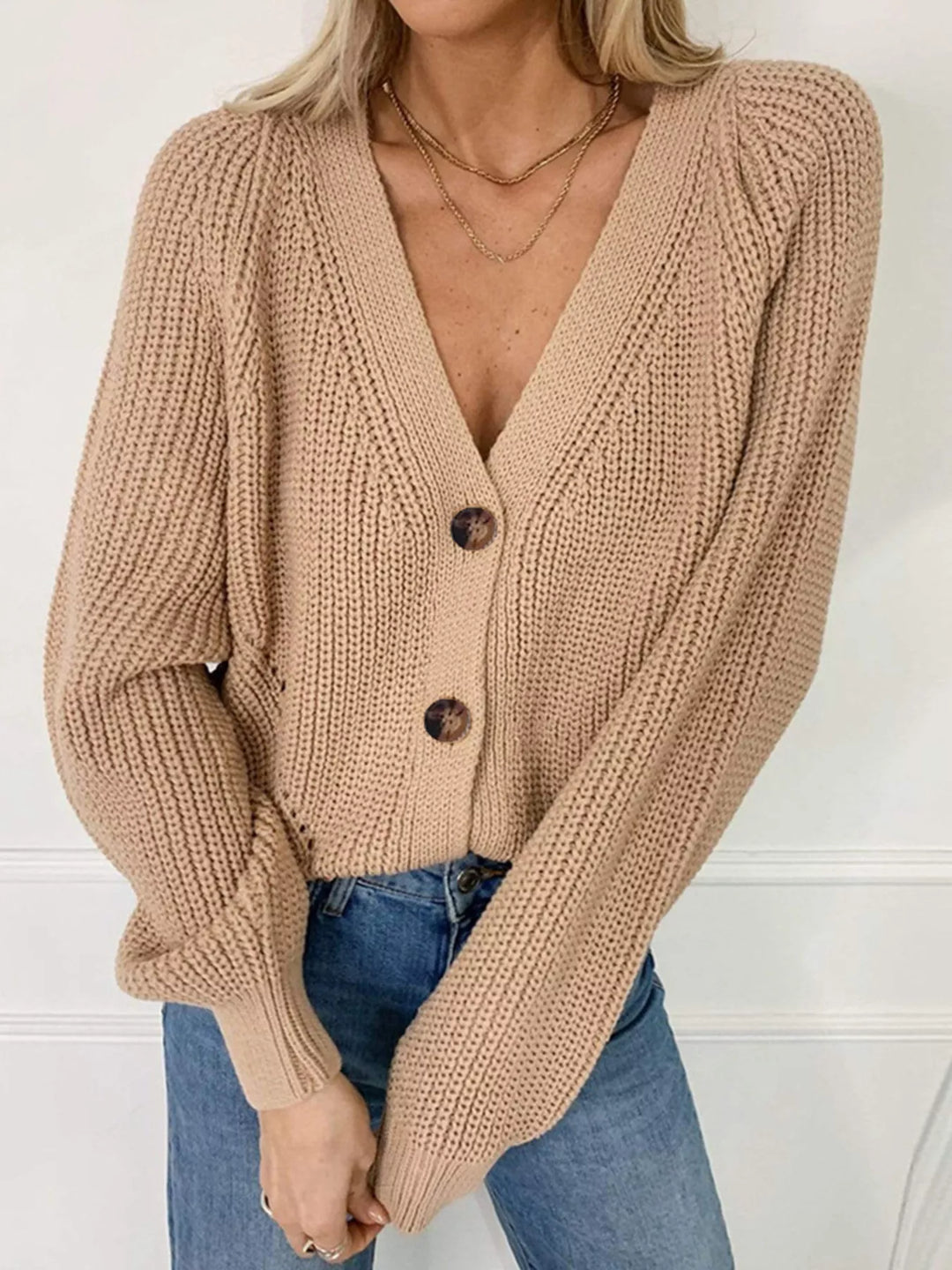 Khaki Chunky knit button-down cardigan with tortoiseshell buttons