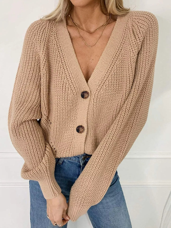 Khaki Chunky knit button-down cardigan with tortoiseshell buttons