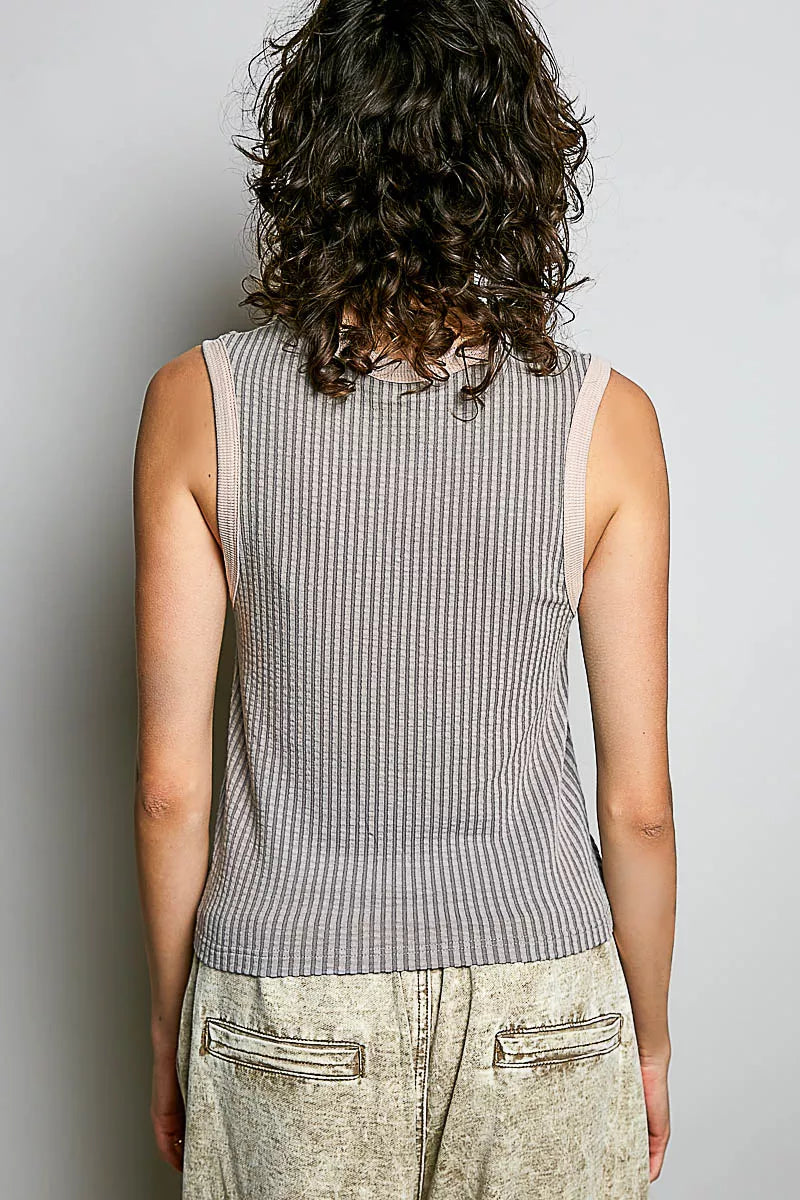 V-neck ribbed sleeveless tank with contrast trim