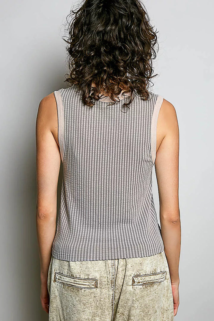 V-neck ribbed sleeveless tank with contrast trim