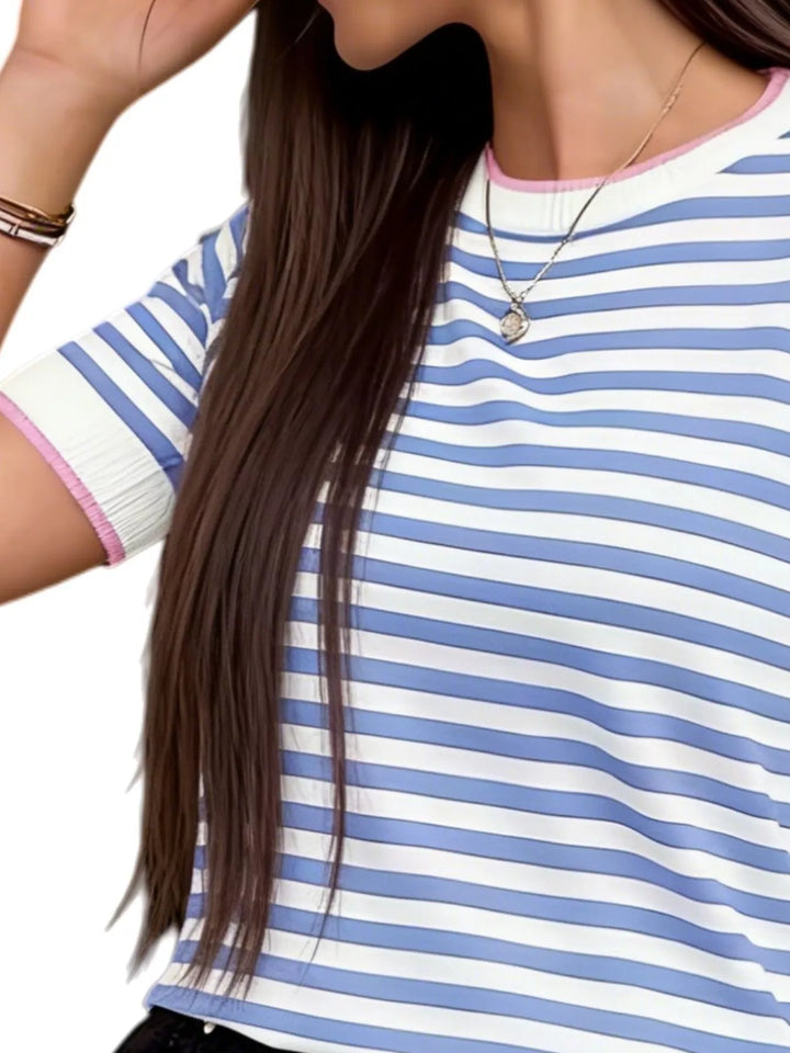 Striped short sleeve knit top with contrast ribbed trim