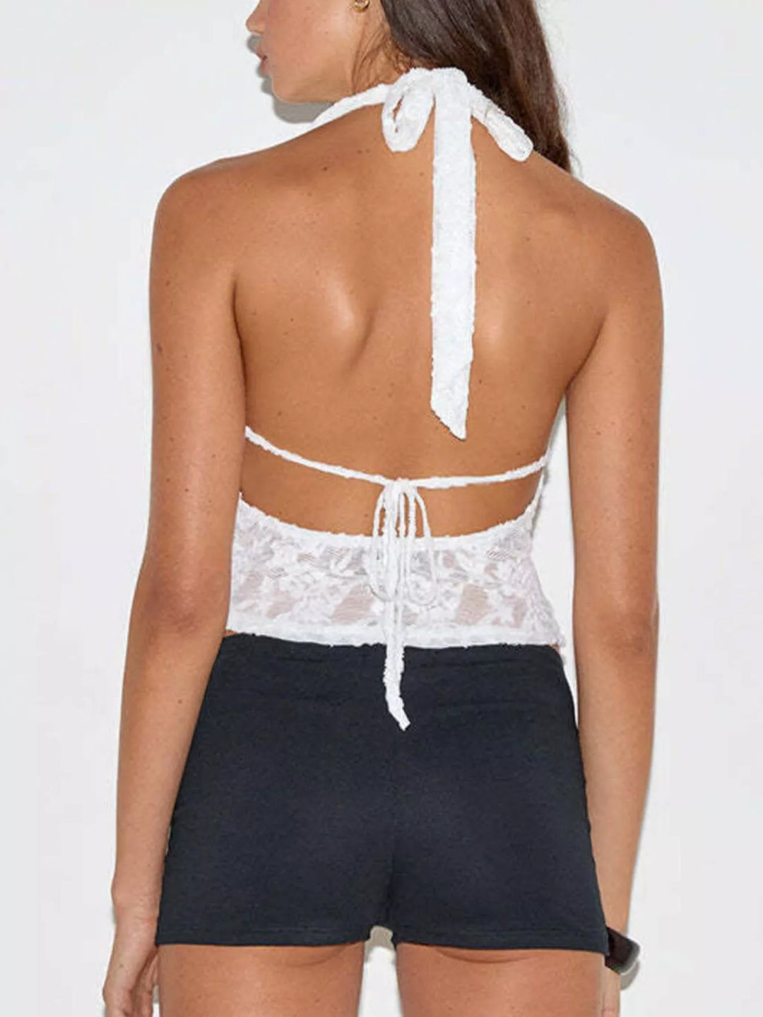 Floral lace halter cami with plunge cowl neck