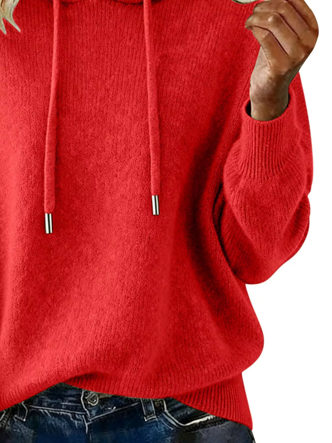 Drawstring hooded knit sweater with ribbed cuffs
