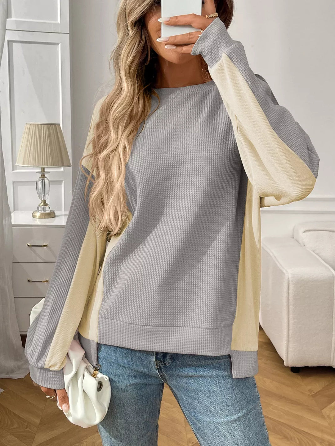 Light Gray Color block waffle knit long sleeve top