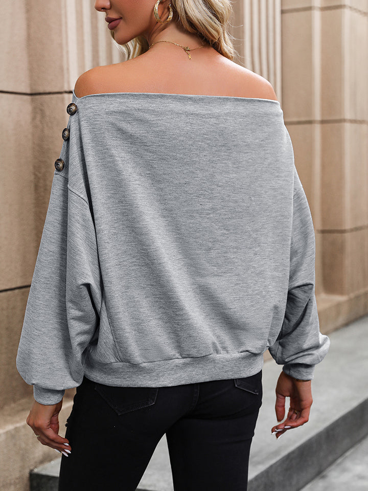 Off-shoulder long sleeve blouse with button-trim shoulder