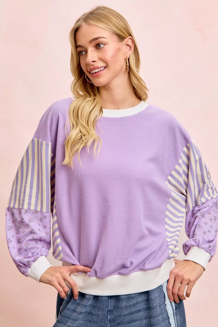 Mix-print waffle knit sweatshirt with striped and floral sleeves