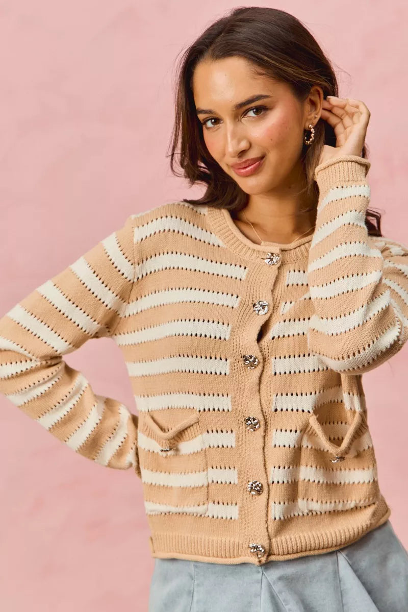 Striped openwork knit cardigan with jeweled buttons