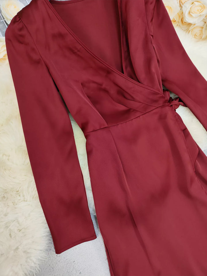 Surplice satin long sleeve maxi dress with tie waist