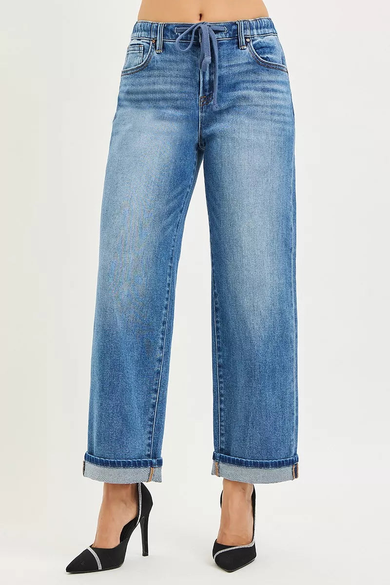 MEDIUM Drawstring slouch boyfriend jeans with cuffed ankle hem