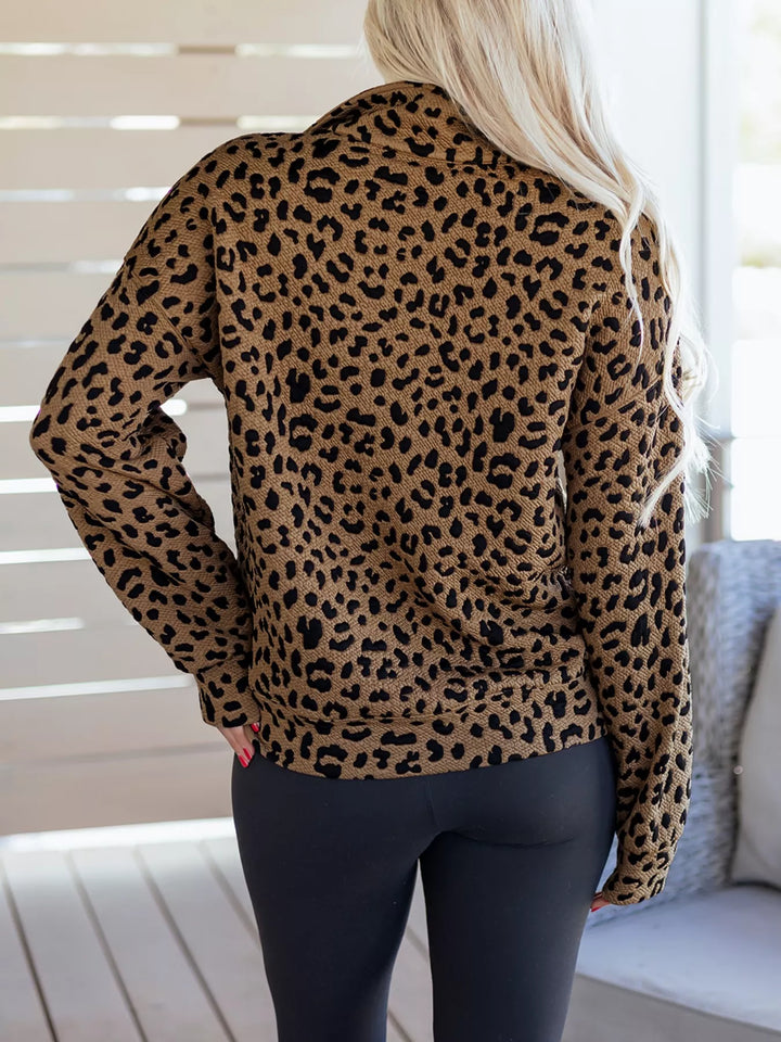 Textured leopard quarter-zip sweatshirt with pocket