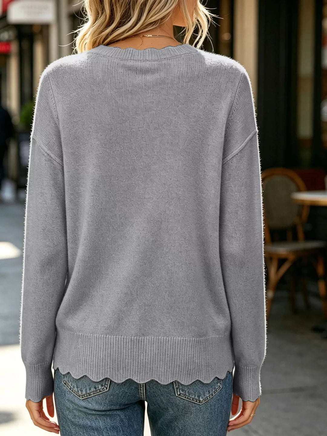 Scalloped trim crew neck pullover sweater