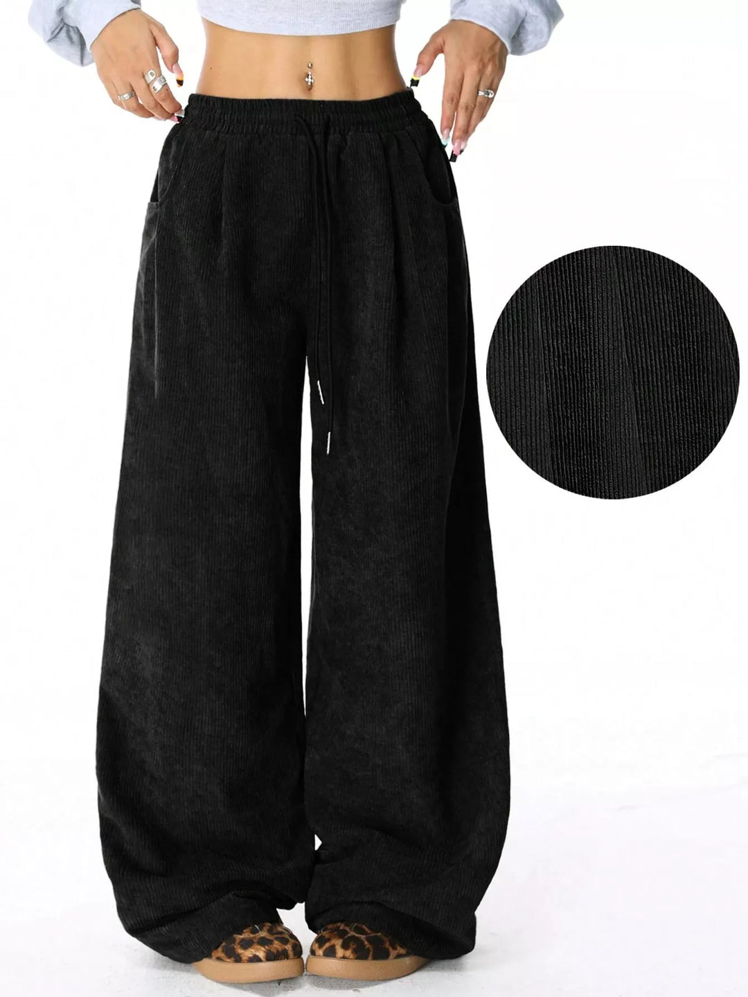 Black Corduroy wide-leg pants with drawstring waist and pockets