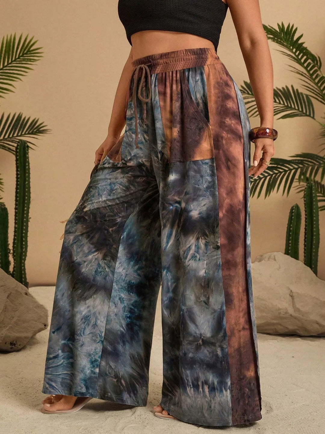 Tie-dye wide-leg drawstring pants with side slit