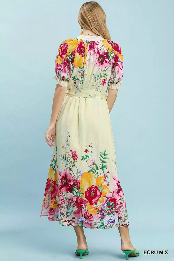 Floral border print midi dress with puff sleeves and tie belt
