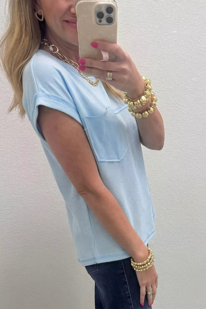 Waffle knit pocket tee with cuffed short sleeves