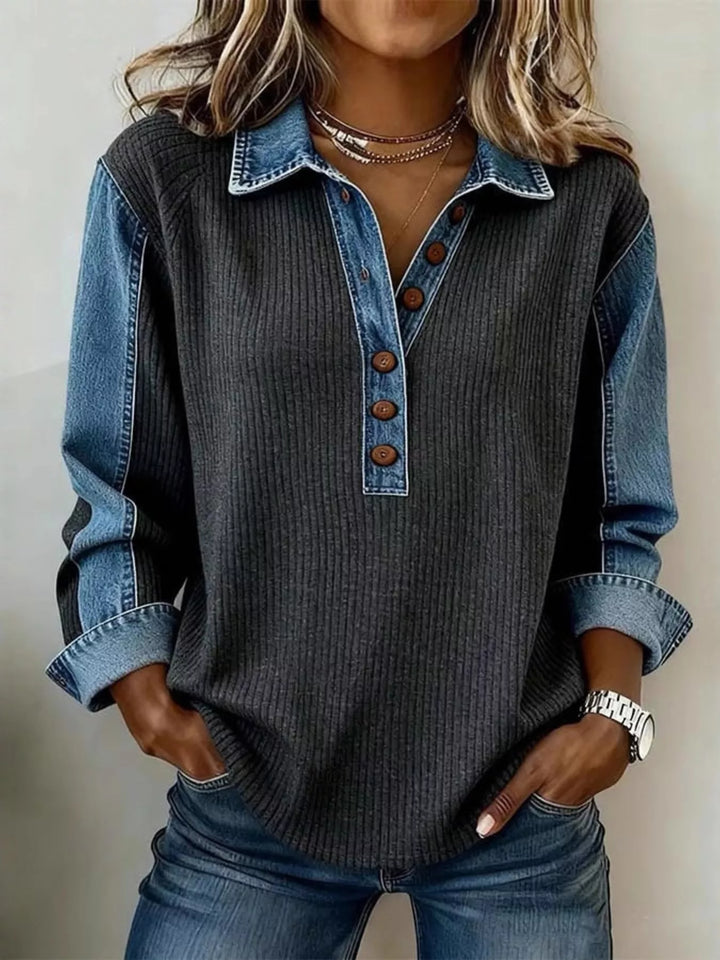 Gray Ribbed knit sweatshirt with denim collar and button placket
