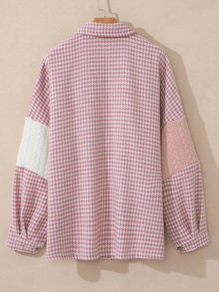 Houndstooth color block button-down shacket with chest pocket
