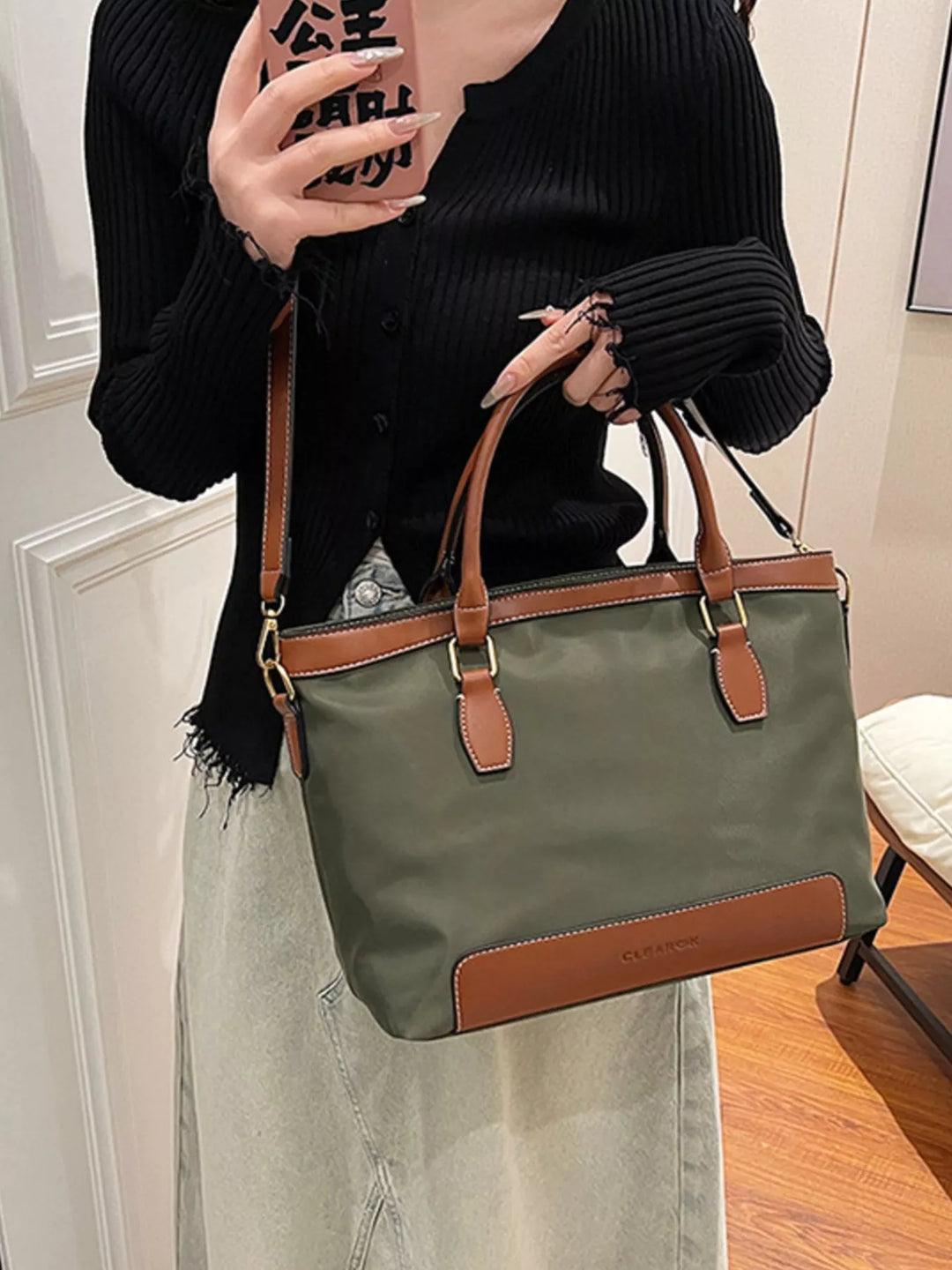 Two-tone PU leather tote bag with detachable crossbody strap