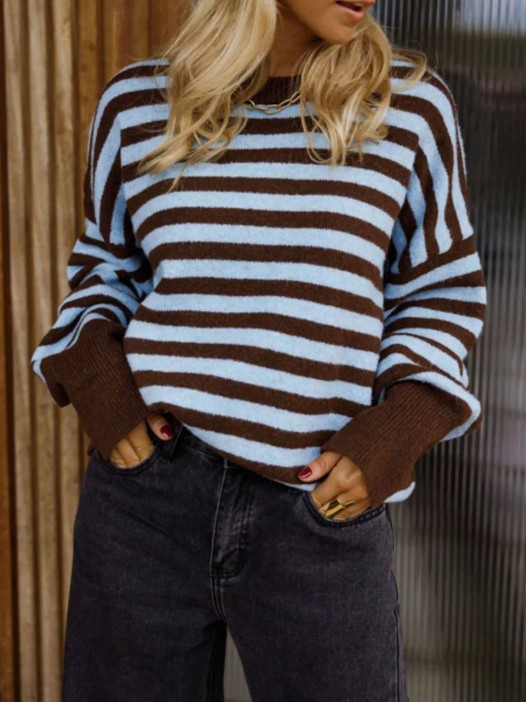 Coffee Spelled Blue Striped drop-shoulder crew neck sweater with ribbed cuffs