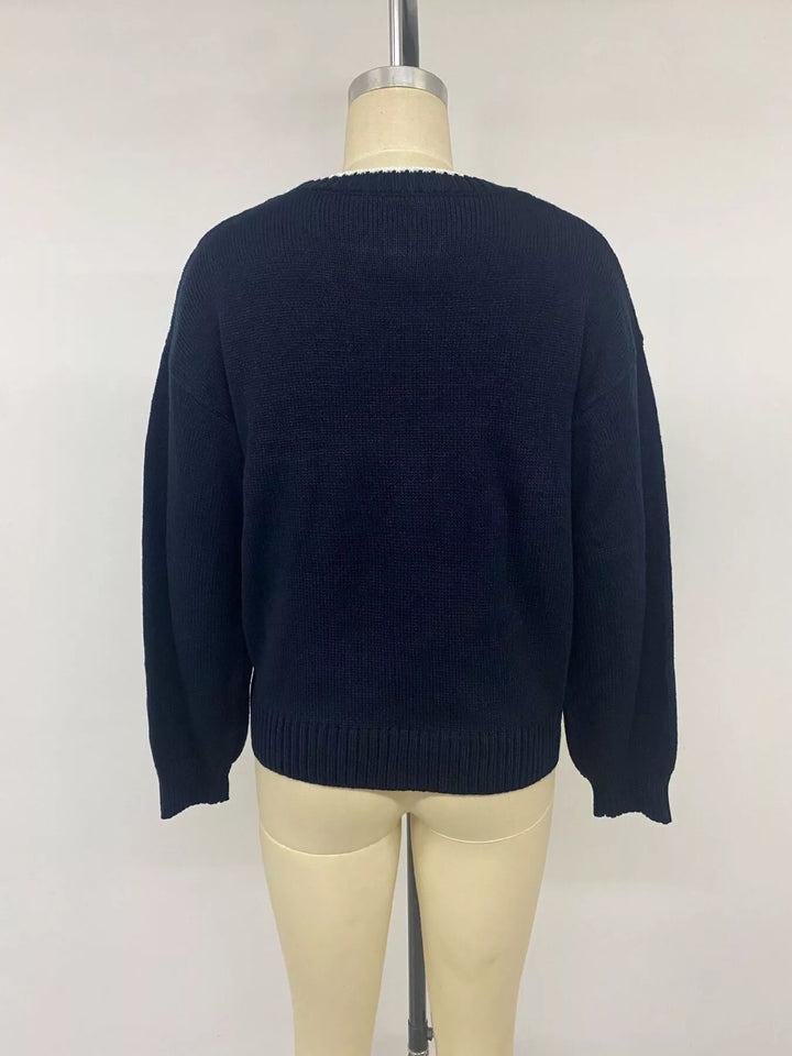 Swan intarsia drop-shoulder knit sweater with contrast trim