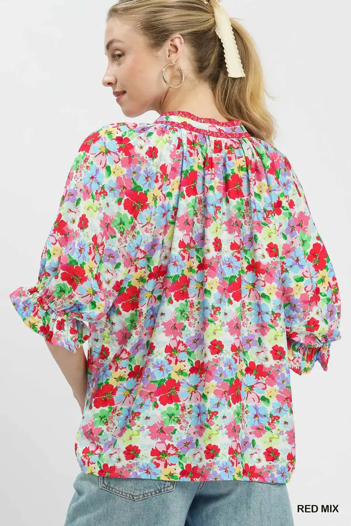 Mixed floral ruffle-sleeve top with split V-neck