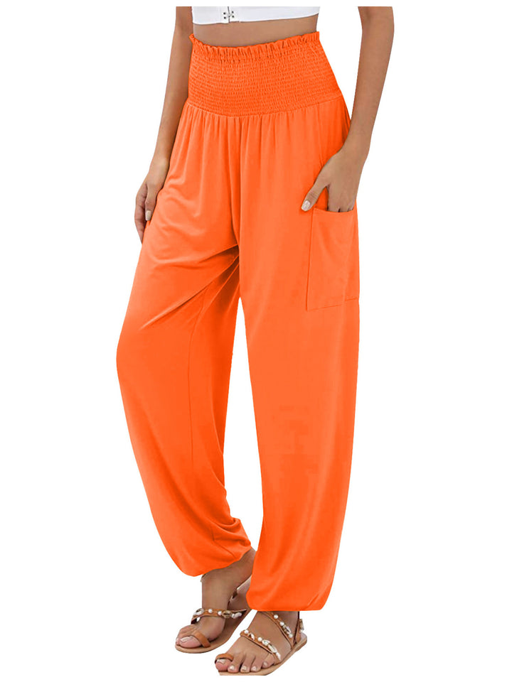 Orange Red High-rise smocked harem pants with side pockets