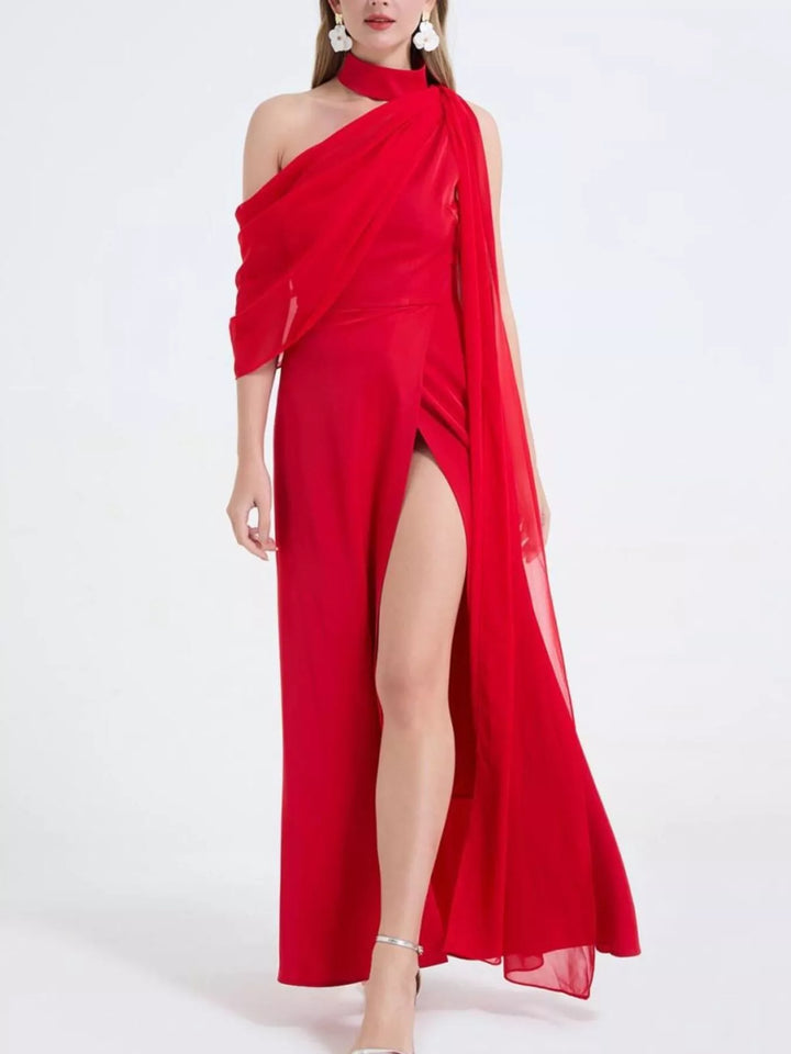 Asymmetric one-shoulder maxi dress with high thigh slit