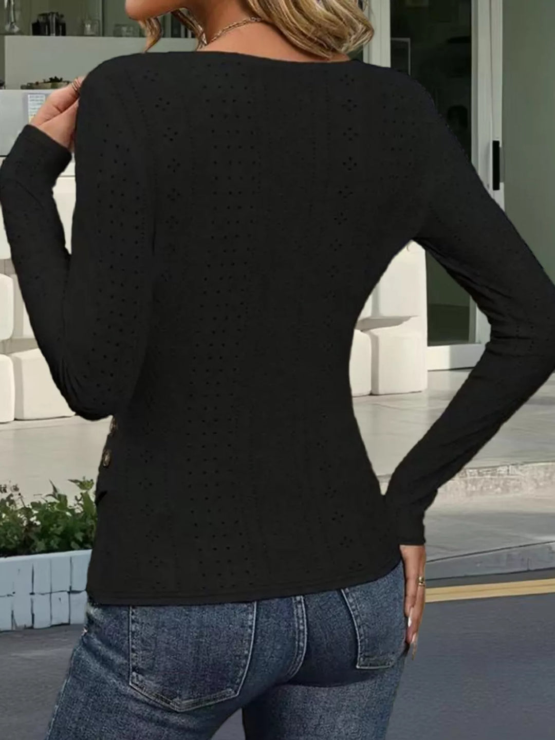Eyelet knit surplice wrap top with side buttons