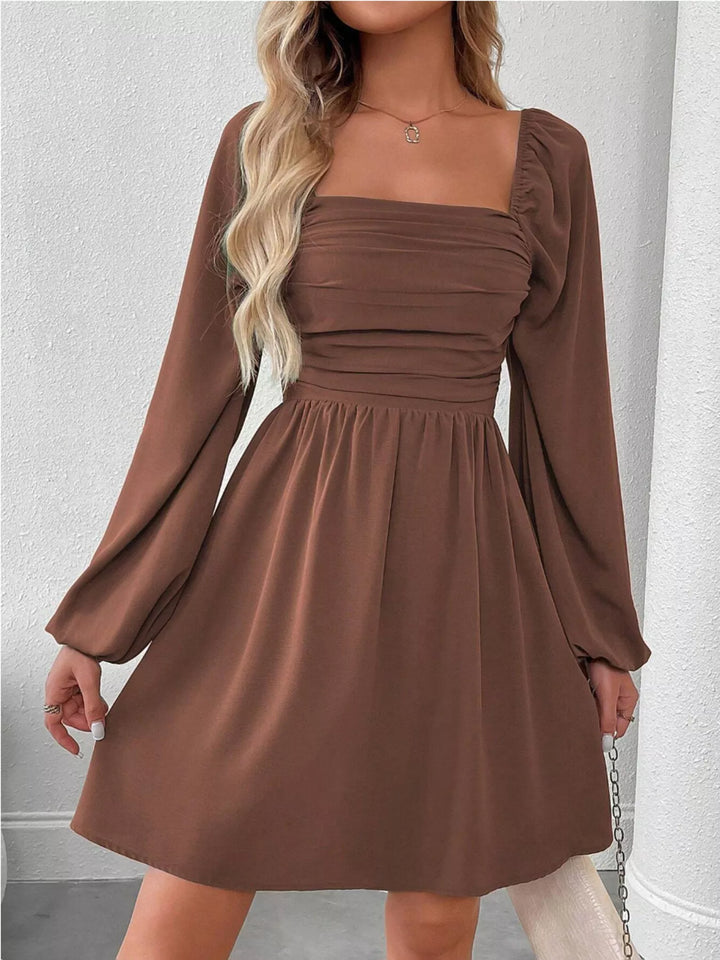Ruched square-neck balloon sleeve A-line mini dress