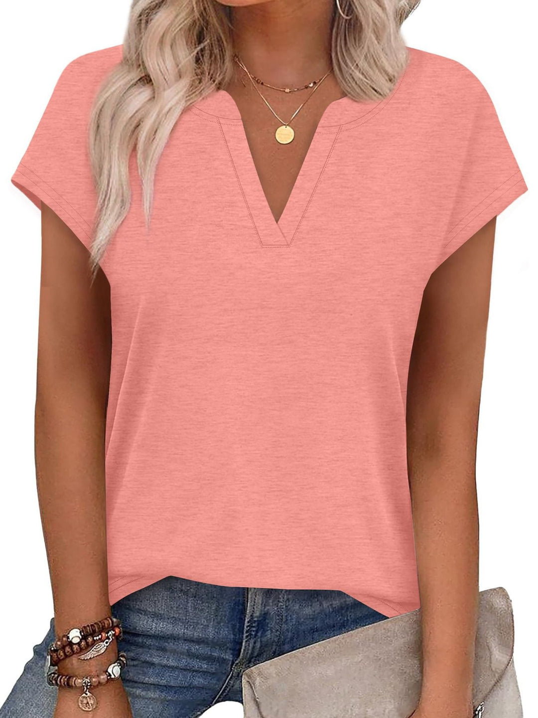Notched V-neck short sleeve relaxed knit top