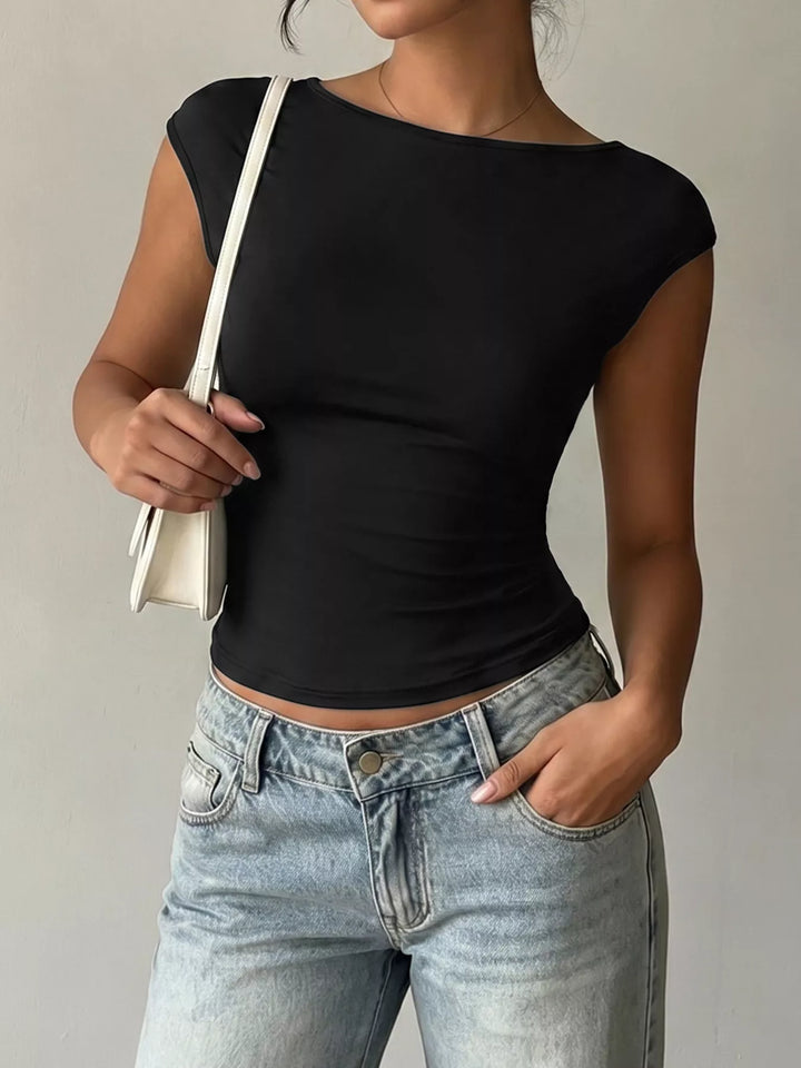 Boat neck cap-sleeve fitted top with lace detail
