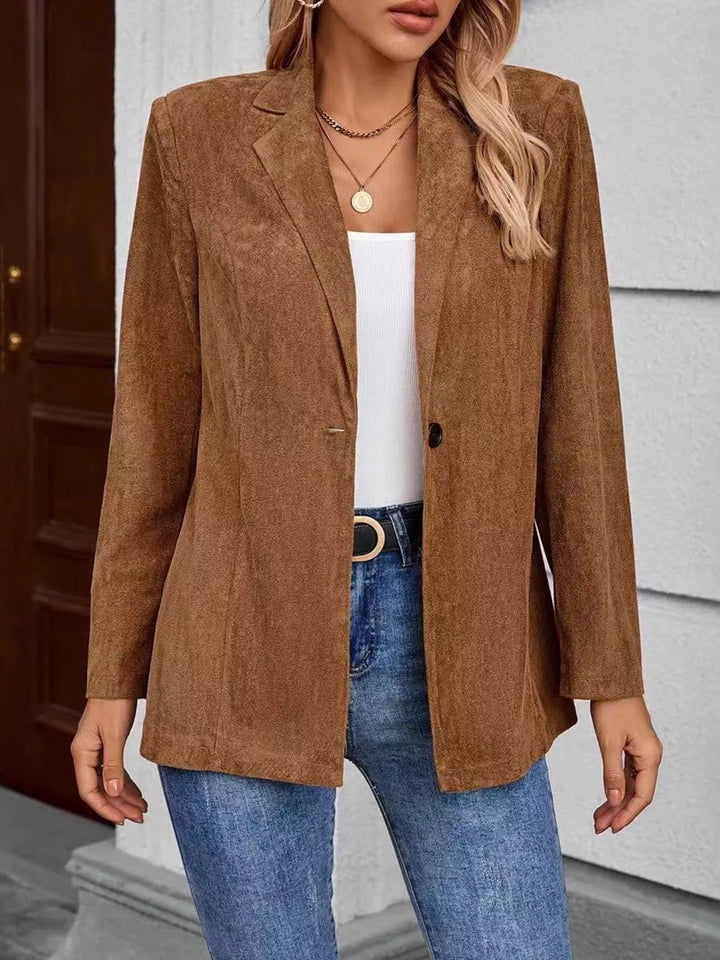 Notched lapel single-button blazer with faux suede finish