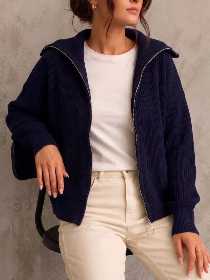 Navy Chunky two-way zip sweater jacket with foldover collar