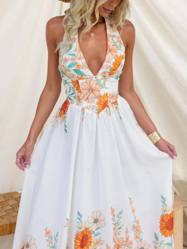 White Sunflower print halter maxi dress with plunge neckline