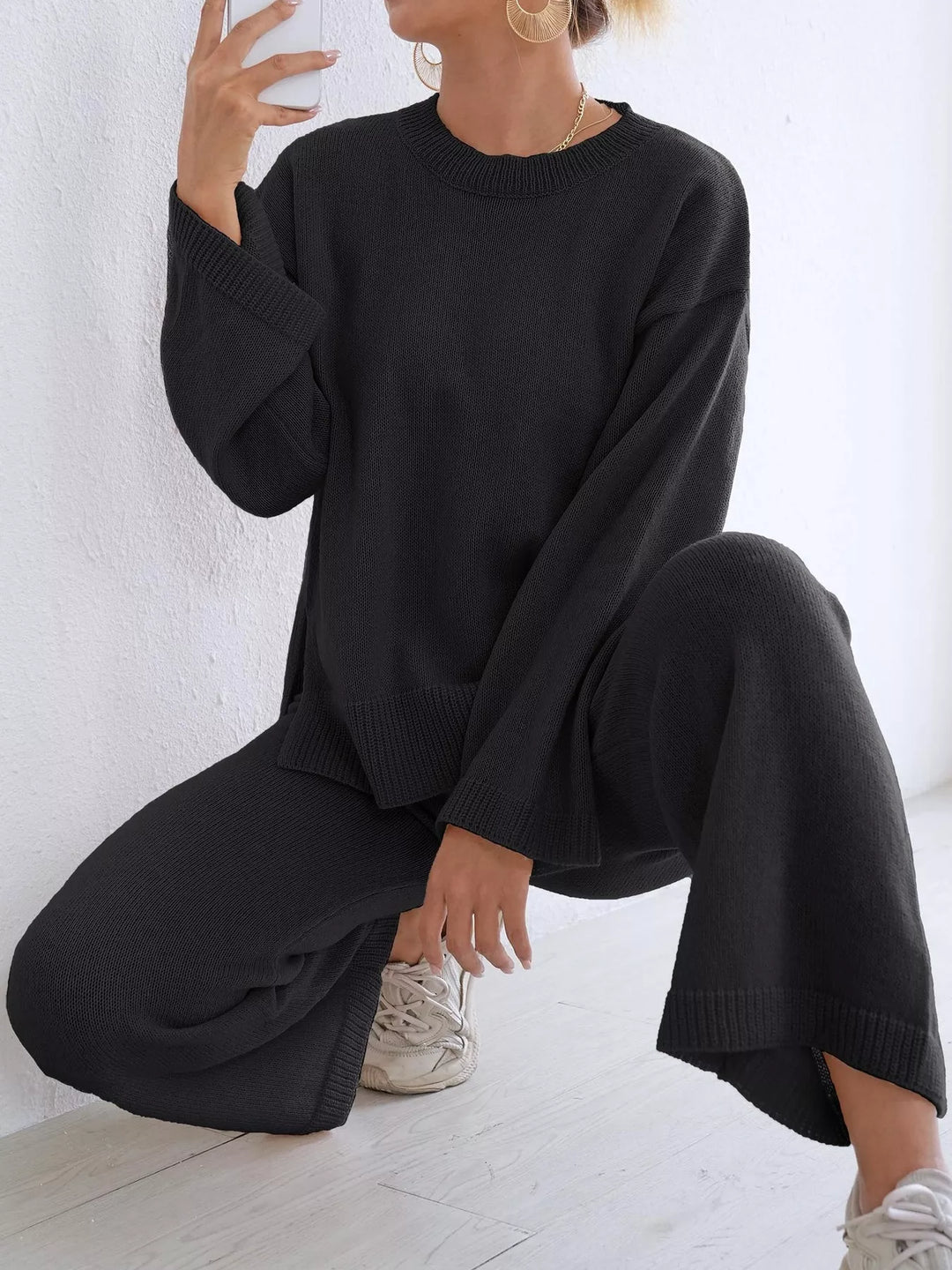 Drop shoulder knit sweater and wide leg pants set