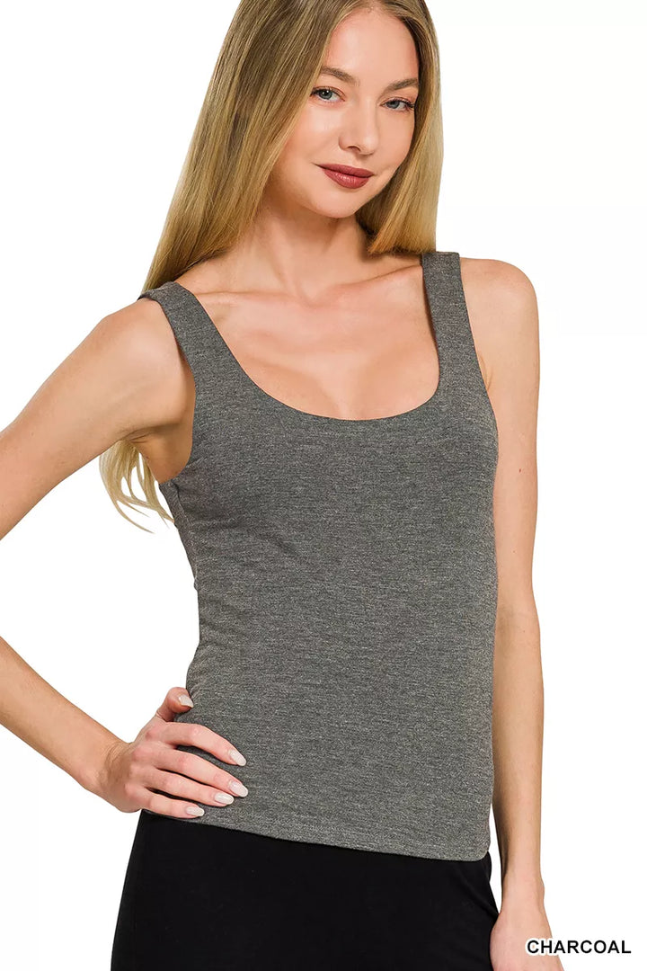 CHARCOAL Double-layered scoop neck stretch knit tank top