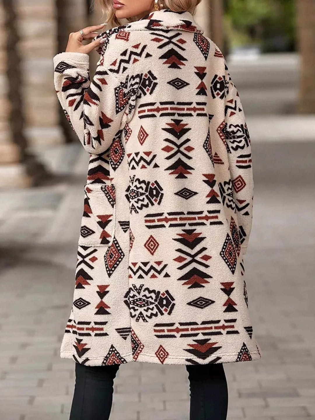 Aztec print button-up longline fleece coat