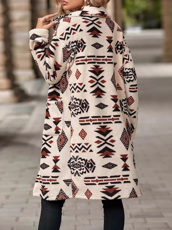 Aztec print button-up longline fleece coat