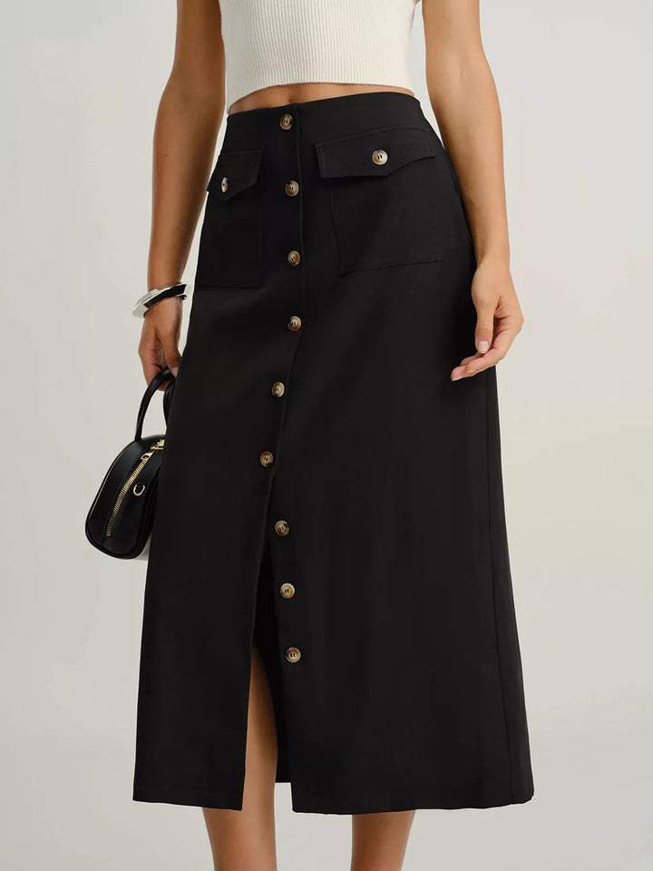 Black Button-front high-rise midi skirt with flap pockets and front slit