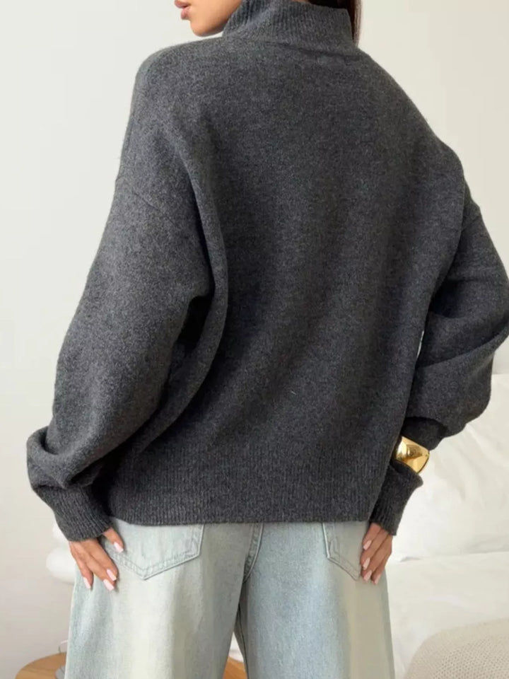 Ribbed mock neck dropped shoulder knit sweater